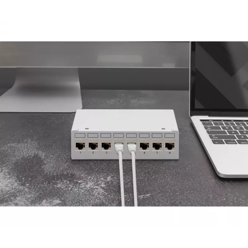 Patch panel DIGITUS de sobremesa modular en blanco, apantallado, 8 puertos, acero, gris, montaje en pared