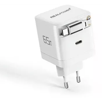 Cargador GaN de 65W de RealPower, 65 vatios, dos puertos USB-C, blanco