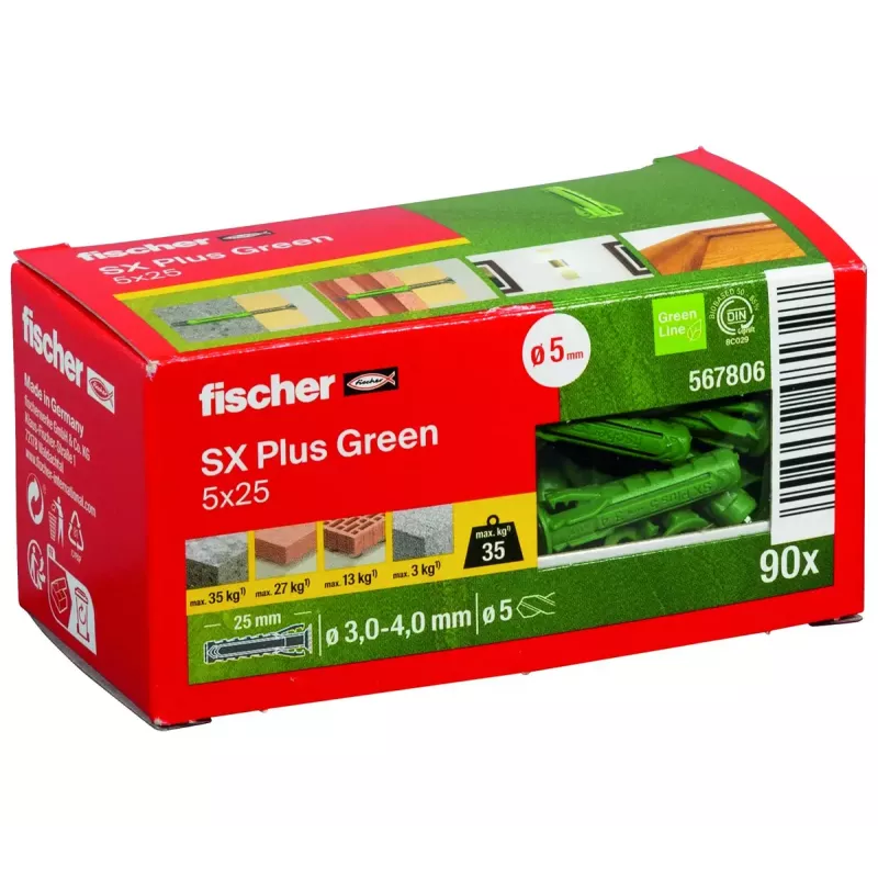 Taco de anclaje Fischer SX Plus verde 25 mm 90 uds.