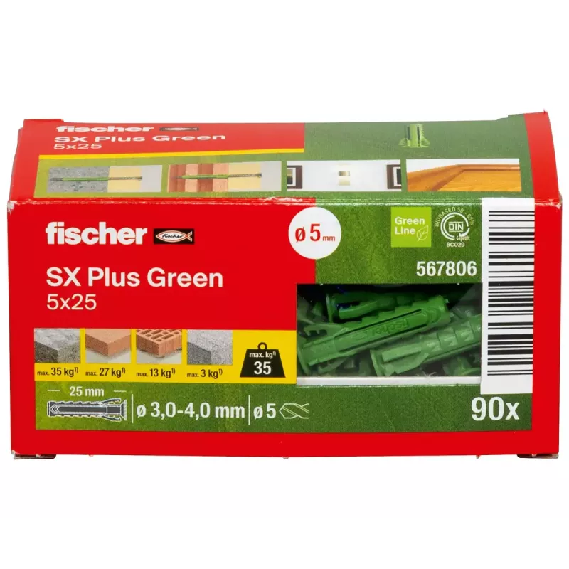 Taco de anclaje Fischer SX Plus verde 25 mm 90 uds.