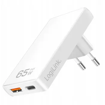 Adaptador USB para toma de pared LOGILINK PA0368 — 1×USB-A, 1×USB-C, 65W, blanco