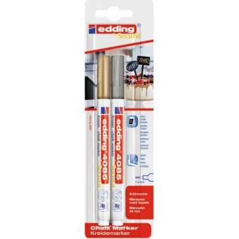 Rotulador de tiza Edding 4085/2S — rotulador de tiza líquida rellenable, punta doble 1–2 mm, oro y plata