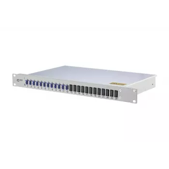 Panel de parcheo de fibra óptica para rack METZ CONNECT OpDAT 1U – conectores LC, gris, 482,6×44,5×244,5 mm