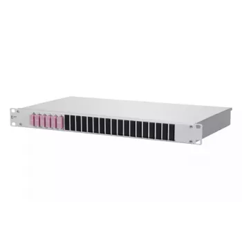 Unidad distribuidora de fibra óptica para rack BTR METZ CONNECT OpDAT 1U — conectores SC, gris aluminio/acero, 482,6 × 44,5 × 242,5 mm