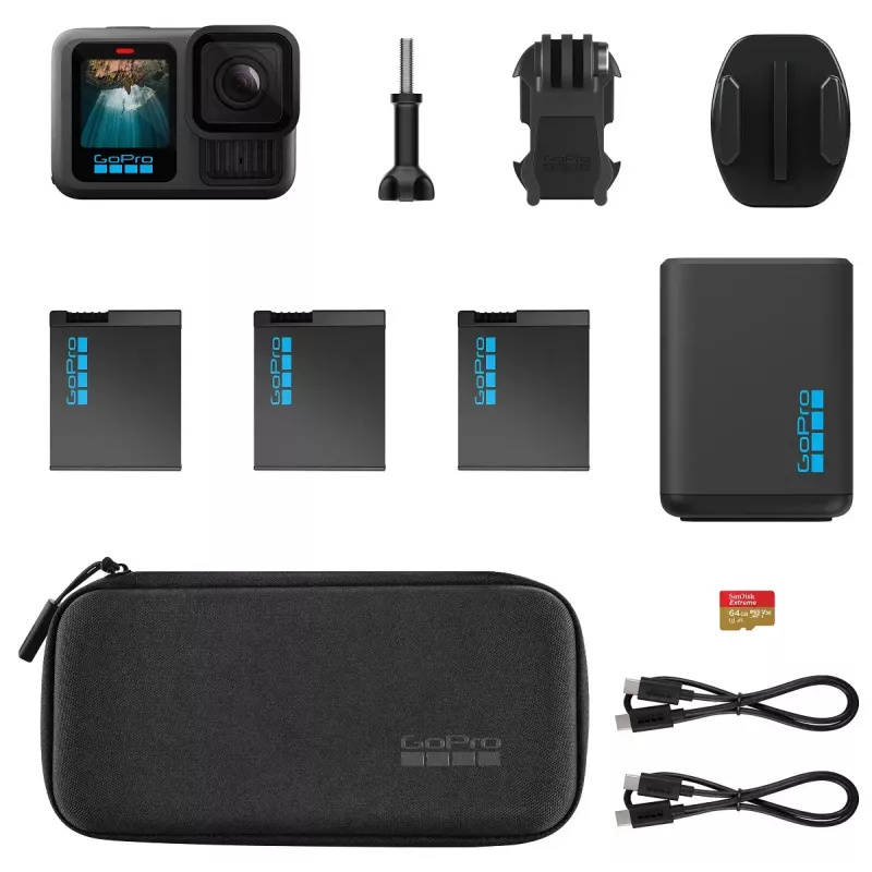 Cámara de acción GoPro HERO13 Black Power Bundle — 5.3K Ultra HD, 240 fps, 27,6 MP, campo de visión de 177°