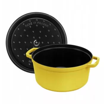 Cazuela redonda de hierro fundido, La Cocotte 26 cm, Staub, amarillo limón – olla de estofar esmaltada, apta para horno