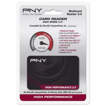 Lector de tarjetas PNY High Performance Reader 3.0 USB 3.2 Gen 1 — CF, SD, microSD, Memory Stick, MMC, negro