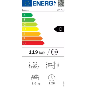 Secadora de carga frontal independiente BOMANN WPT7154T — bomba de calor, 8 kg, negro/gris, 64 dB, clase energética D