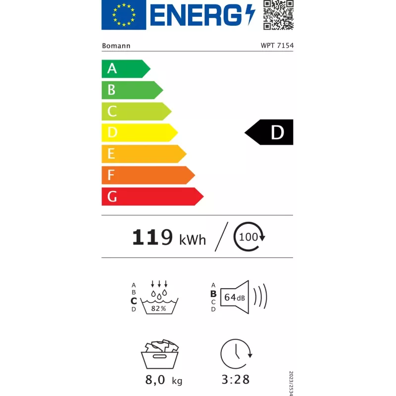 Secadora de carga frontal independiente BOMANN WPT7154T — bomba de calor, 8 kg, negro/gris, 64 dB, clase energética D