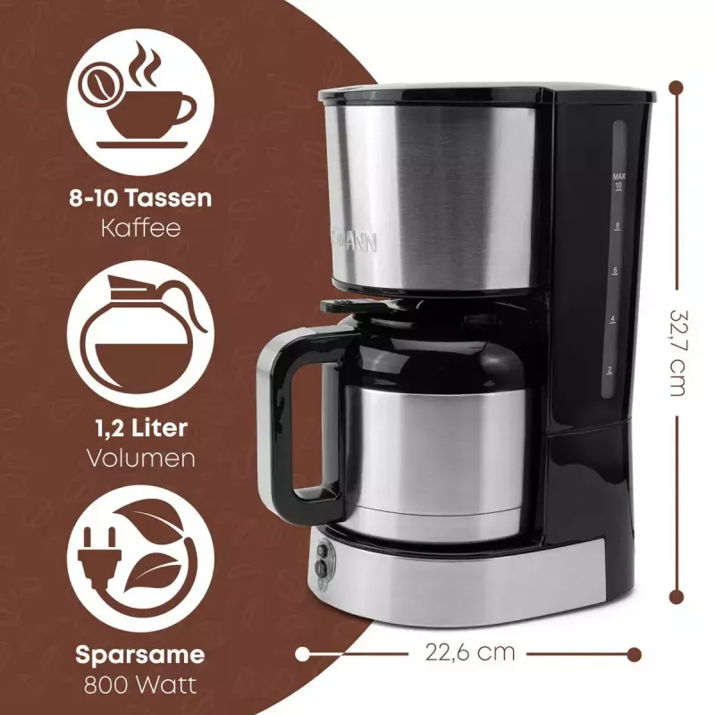 Cafetera de filtro BOMANN KA6066CB depósito de agua de 1,2 l, 10 tazas, negra y acero inoxidable