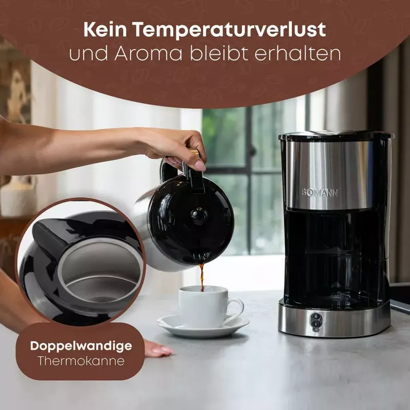 Cafetera de filtro BOMANN KA6066CB depósito de agua de 1,2 l, 10 tazas, negra y acero inoxidable