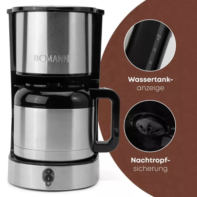 Cafetera de filtro BOMANN KA6066CB depósito de agua de 1,2 l, 10 tazas, negra y acero inoxidable