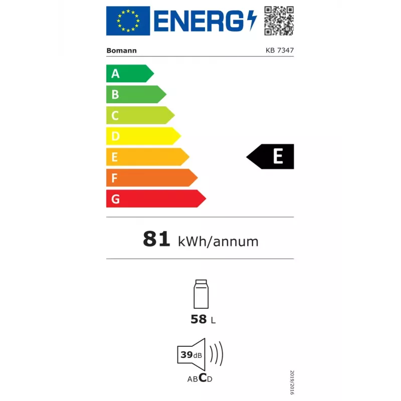 Frigorífico compacto Bomann KB7347W — 58 L, blanco, temperatura regulable 0–8 °C, R600a, 39 dB