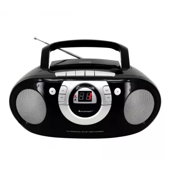 Sistema estéreo portátil Soundmaster SCD5100SW — sintonizador FM analógico 87,5–108 MHz, reproductor CD/MP3, 1 W RMS, indicador LED, negro