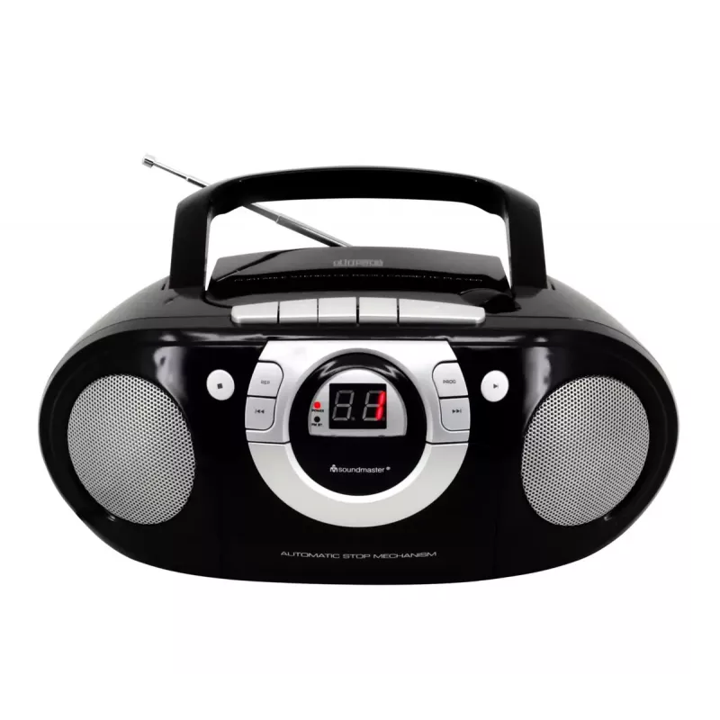 Sistema estéreo portátil Soundmaster SCD5100SW — sintonizador FM analógico 87,5–108 MHz, reproductor CD/MP3, 1 W RMS, indicador LED, negro