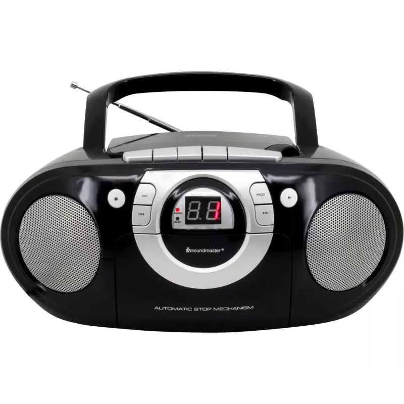 Sistema estéreo portátil Soundmaster SCD5100SW — sintonizador FM analógico 87,5–108 MHz, reproductor CD/MP3, 1 W RMS, indicador LED, negro