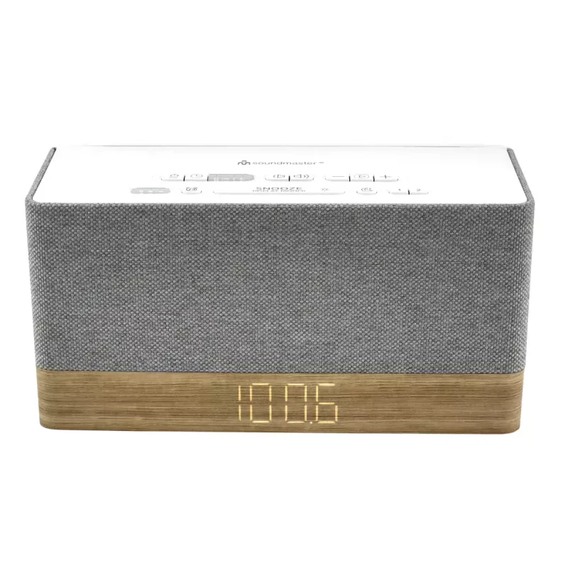 Radio despertador Soundmaster UR630WE – FM/PLL/FM, 6 W RMS, gris/blanco, alimentación por CA y pilas AAA