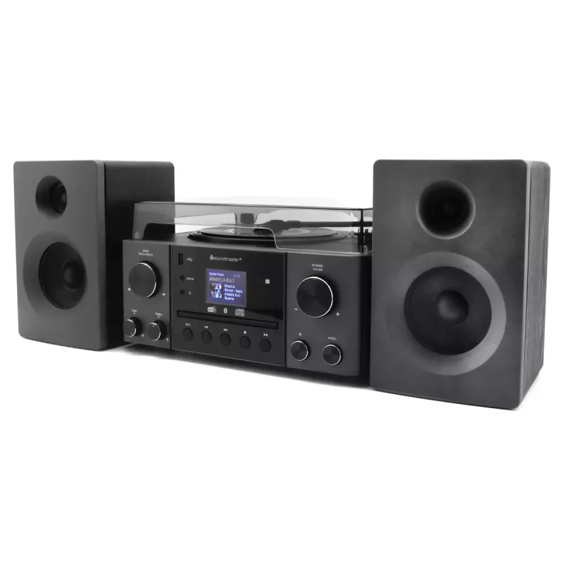 Sistema de audio para el hogar Soundmaster MCD1950SW — 20 W RMS, DAB+/FM, reproducción CD/MP3, AUX de 3,5 mm, alimentación por red (negro)
