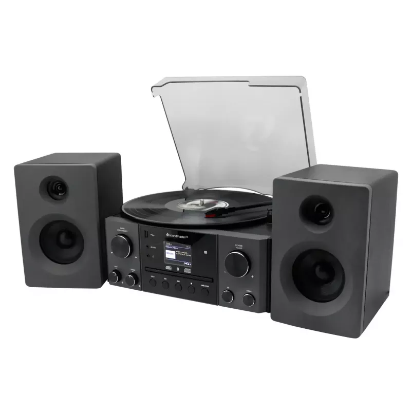 Sistema de audio para el hogar Soundmaster MCD1950SW — 20 W RMS, DAB+/FM, reproducción CD/MP3, AUX de 3,5 mm, alimentación por red (negro)