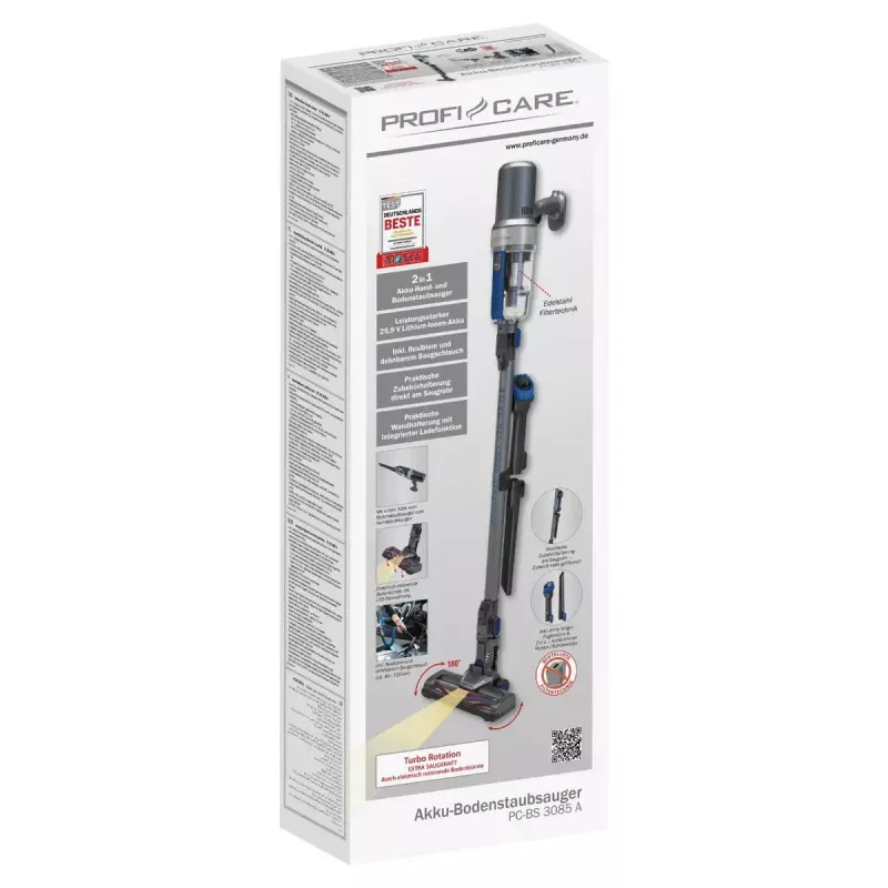 Aspirador escoba Profi-Care PC-BS 3085 A — 25,9 V Li‑Ion 2200 mAh, sin bolsa, cepillo de suelo giratorio eléctrico, LED, 2 niveles de potencia