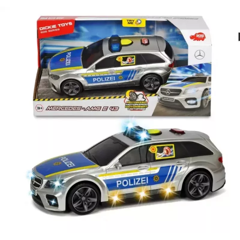 Coche Dickie Toys Mercedes Benz E43 AMG Police negro azul plata amarillo
