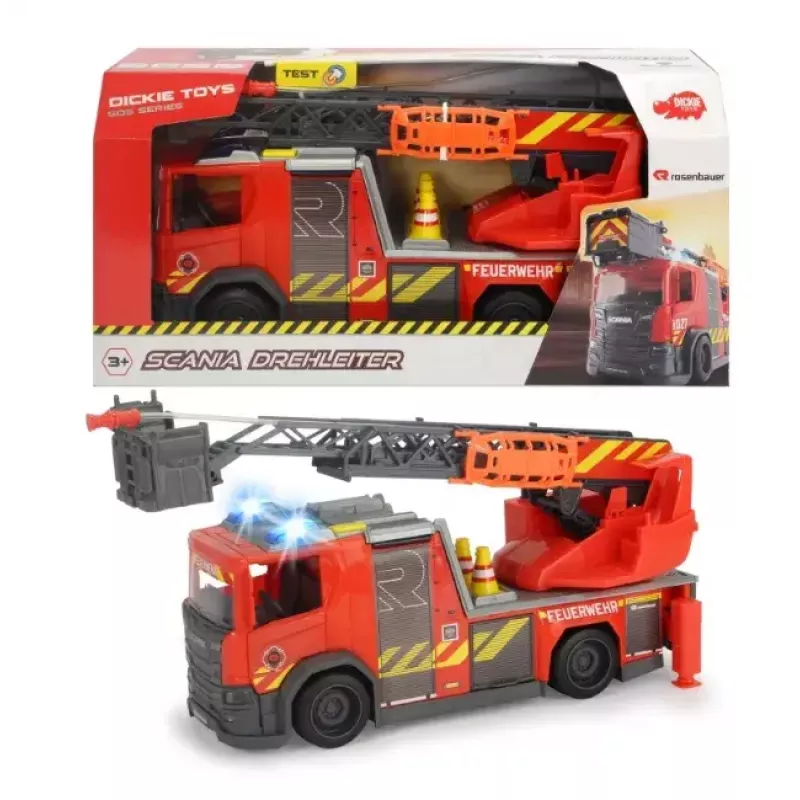 Camión de bomberos Dickie Toys Scania escala negro gris rojo