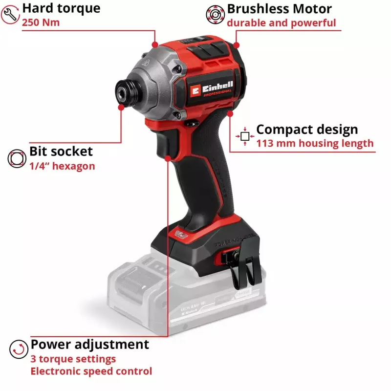 Atornillador de impacto a batería EINHELL TP-CI 18/250-C Li BL, 18 V, sin escobillas – carcasa (sin batería/cargador)