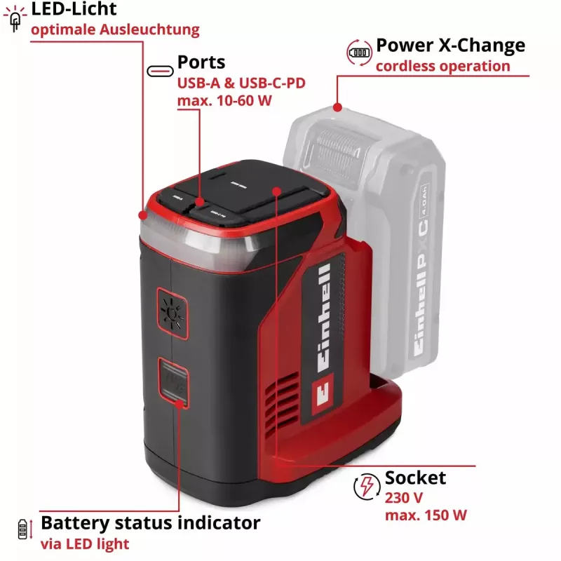 Estación de energía EINHELL TC-ES 18/150/1 Li-Solo – suministro eléctrico portátil, a batería, modelo 1091320