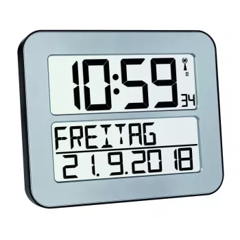 Despertador digital TFA 60.4512.54 — rectangular plata, pila AA, carcasa de plástico, 30×212×258 mm