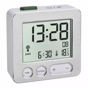 Despertador digital TFA 60.2545.54 — rectangular, LCD plateado, retroiluminación azul, batería (AAA)