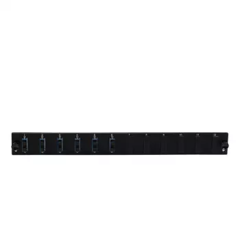 Accesorio para panel de parcheo EFB Elektronik SB-FP-S-6SC-D-V-OM3 — montaje en rack 1HE, 6× SC-Duplex, OM3, 432×13×43,5 mm, negro