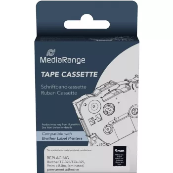 Cartucho de cinta de plástico MediaRange Brother TZ-325 adhesivo permanente 9mm 8m blanco sobre negro
