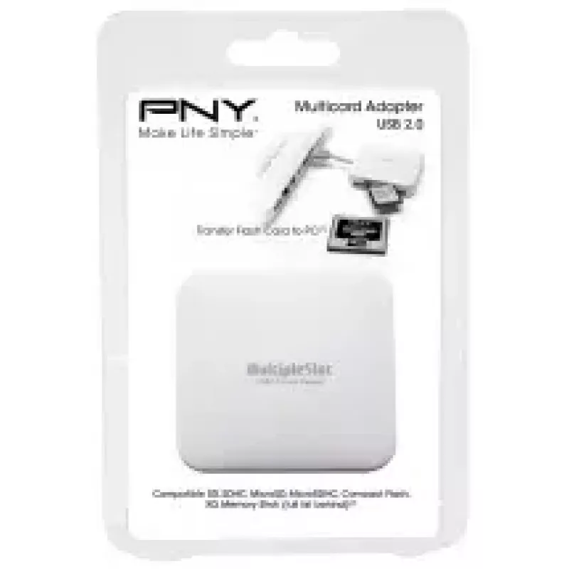 Lector de tarjetas PNY All in One Reader — USB 2.0, 480 Mbit/s, compatible con CF/SD/MicroSD/MS/MiniSD/MMC, blanco, 54×54×13 mm, 29 g
