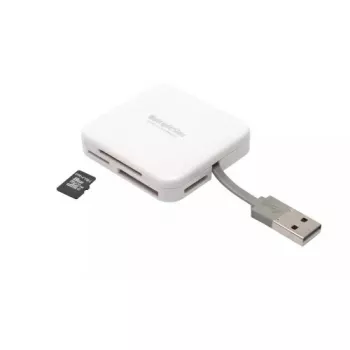 Lector de tarjetas PNY All in One Reader — USB 2.0, 480 Mbit/s, compatible con CF/SD/MicroSD/MS/MiniSD/MMC, blanco, 54×54×13 mm, 29 g