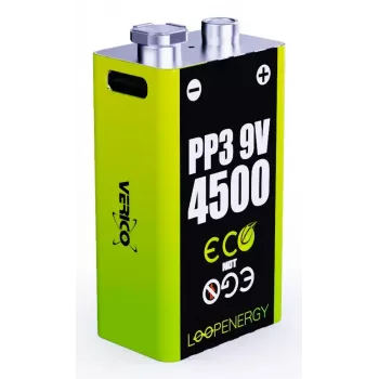Batería de 9V recargable VERICO LoopEnergy PP3 4500 — Li-Ion, 2 uds., 500 mAh, carga USB-C