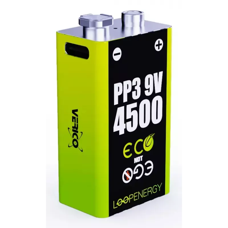 Batería de 9V recargable VERICO LoopEnergy PP3 4500 — Li-Ion, 2 uds., 500 mAh, carga USB-C