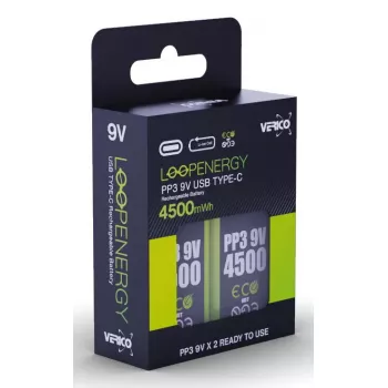 Batería de 9V recargable VERICO LoopEnergy PP3 4500 — Li-Ion, 2 uds., 500 mAh, carga USB-C