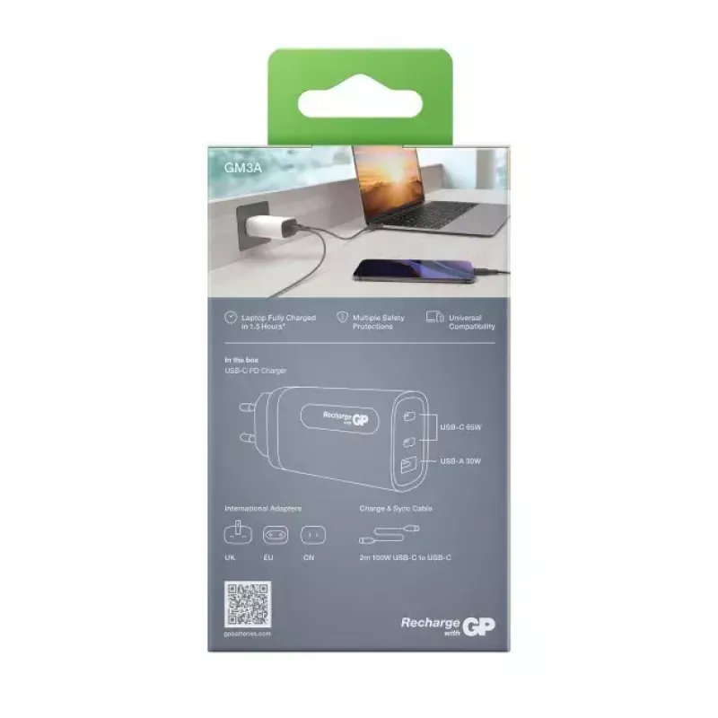 Cargador de CA GP Batteries GaN PD 65W USB-C protección contra sobretensión