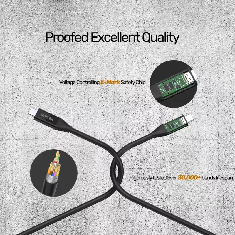 Cable USB4 Gen 2x2 USB-C Unitek C14100BK-0.8M — 0,8 m, USB-C a USB-C, 40 Gbit/s, negro