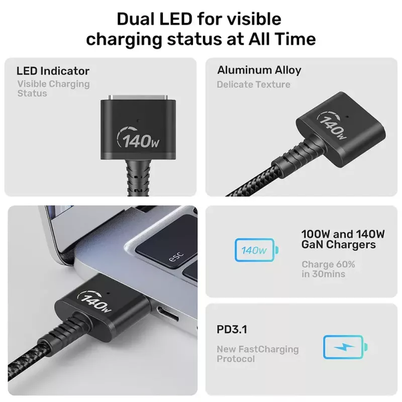 Cable de alimentación UNITEK C14121BK-1M Negro MagSafe 3 USB C 1m 28V 5A