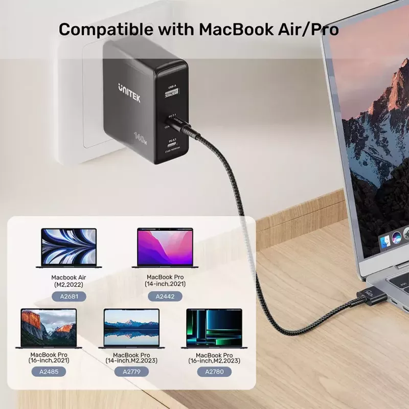 Cable de alimentación UNITEK C14121BK-1M Negro MagSafe 3 USB C 1m 28V 5A