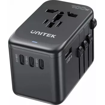 Cargador de viaje Unitek P1123ABK01 — Unitek PD 100W, conector multi-región EU/US/UK/AUS