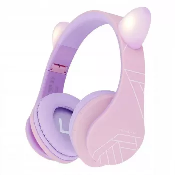 Auriculares para niños PowerLocus P2 Kids lila/rosa con orejas, diseño on-ear, volumen limitado