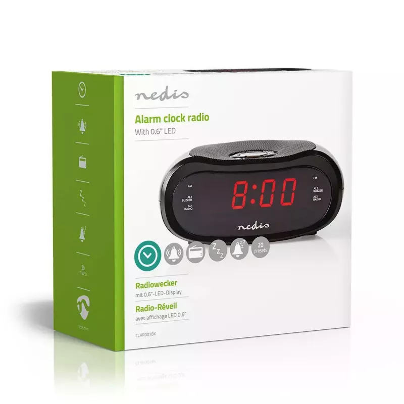 Despertador digital Nedis CLAR001BK — pantalla LED, ovalado, 130×60×100 mm, 220–240 V, FM/AM, negro