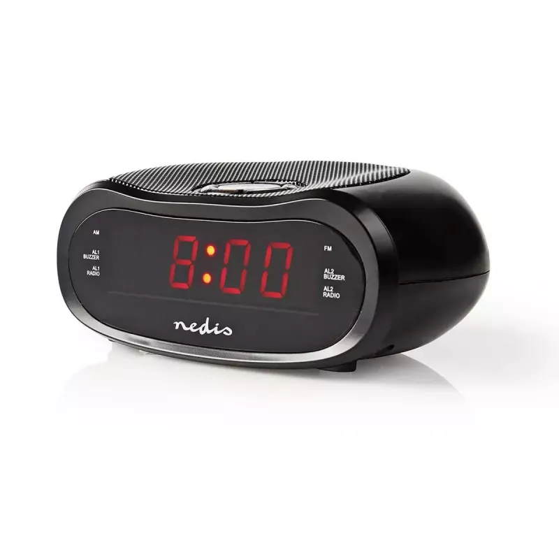 Despertador digital Nedis CLAR001BK — pantalla LED, ovalado, 130×60×100 mm, 220–240 V, FM/AM, negro