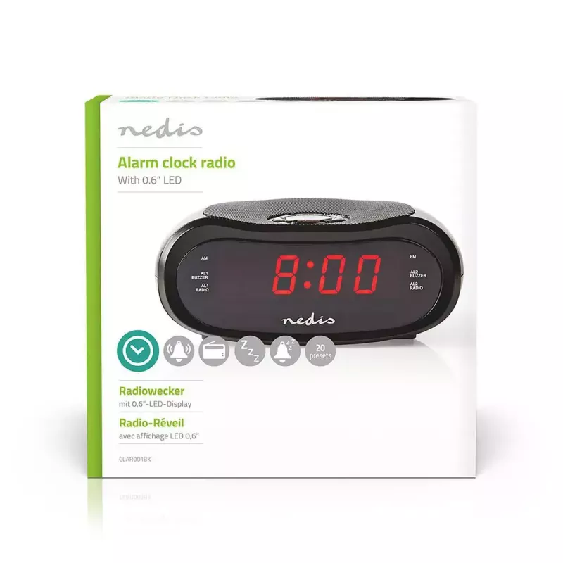 Despertador digital Nedis CLAR001BK — pantalla LED, ovalado, 130×60×100 mm, 220–240 V, FM/AM, negro