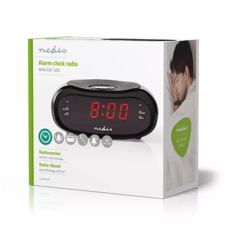 Despertador digital Nedis CLAR001BK — pantalla LED, ovalado, 130×60×100 mm, 220–240 V, FM/AM, negro