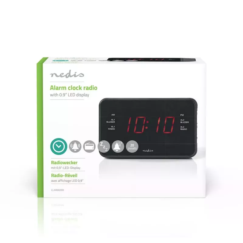 Despertador digital Nedis CLAR002BK — pantalla LED, AC 220–240V, 130×80×70 mm, negro