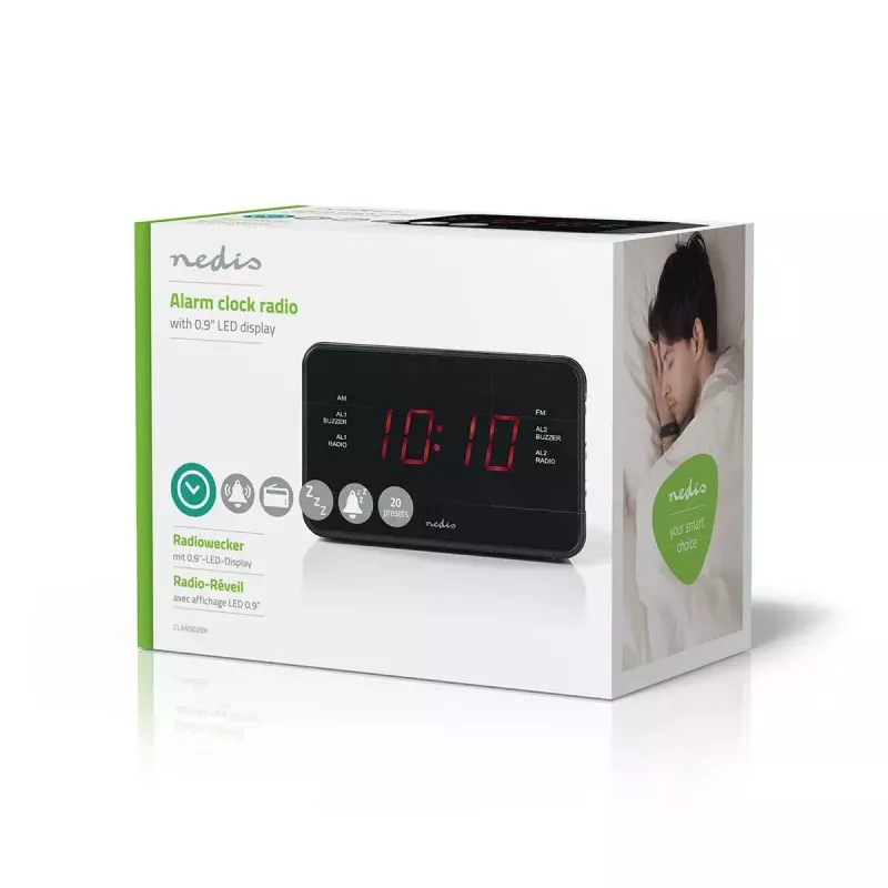Despertador digital Nedis CLAR002BK — pantalla LED, AC 220–240V, 130×80×70 mm, negro