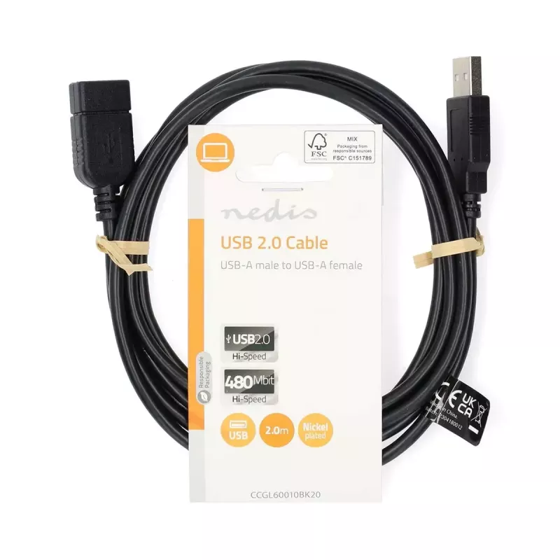 Nedis CCGL60010BK20 Cable alargador USB 2.0, A macho a A hembra, 2 m, negro